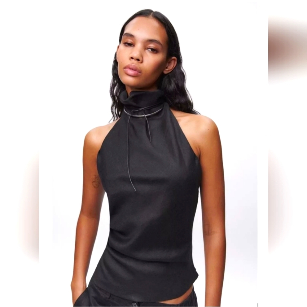 Zara Black Linen Halter Neck Top, XS